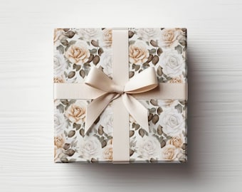 White Floral Gift Wrap | Floral Wrapping Paper | Wedding Gift Wrap | Rose Wrapping Paper | 24"x60" Roll