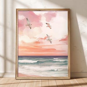 Soft Pink Coastal Landscape Art Print: Grandmillennial Girly Decor (Digital Download