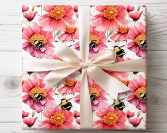 Floral Bumblebee Wrapping Paper | Spring Wrapping Paper | Mother's Day Wrapping Paper | 2 Size Options | 2 Finishes