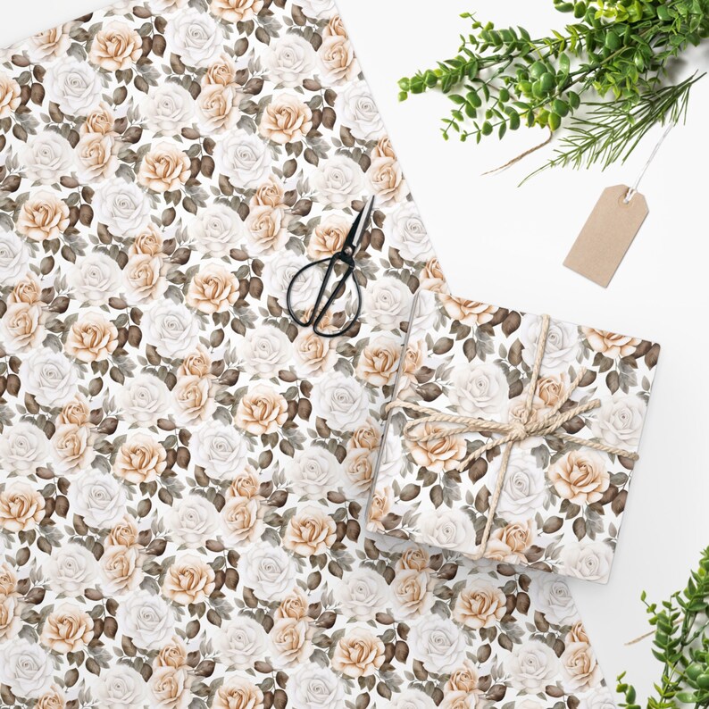 White Floral Gift Wrap Floral Wrapping Paper Wedding Gift Wrap Rose Wrapping Paper 24x60 Roll image 3