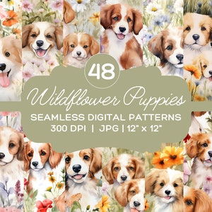 Puppy&#39;s met wilde bloemen | Naadloos digitaal papier | Hondenplakboekpapier | Digitaal hondenpapier | JPG | Set van 48 inch