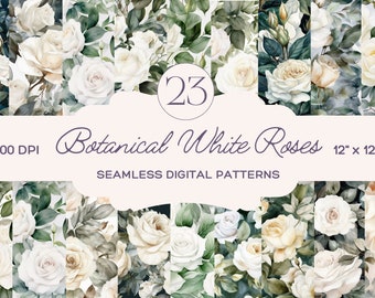 Botanical White Rose Seamless Digital Paper | Wedding Digital Paper | Botanical Scrapbook Paper | Set of 23