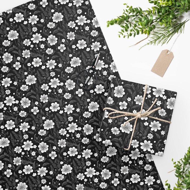 Black & White Floral Gift Wrap Floral Wrapping Paper Botanical Wrapping Paper Modern Gift Wrap 24x60 Roll image 2