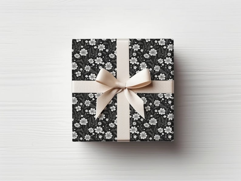 Black & White Floral Gift Wrap Floral Wrapping Paper Botanical Wrapping Paper Modern Gift Wrap 24x60 Roll image 1