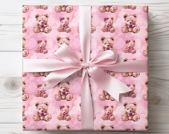 Vintage Pink Bear Wrapping Paper | Birthday Gift Wrap | Baby Shower Wrapping Paper | 2 Size Options | 2 Finishes