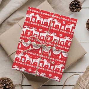 Scandinavian Christmas Wrapping Paper: Dala Horse, Reindeer, Festive Nordic Design