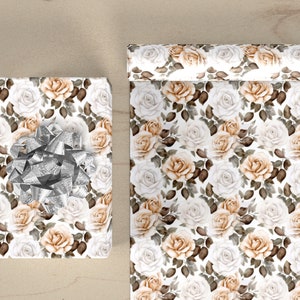 White Floral Gift Wrap Floral Wrapping Paper Wedding Gift Wrap Rose Wrapping Paper 24x60 Roll image 2