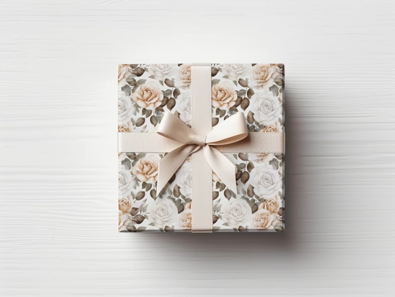 White Floral Gift Wrap Floral Wrapping Paper Wedding Gift Wrap Rose Wrapping Paper 24x60 Roll image 1