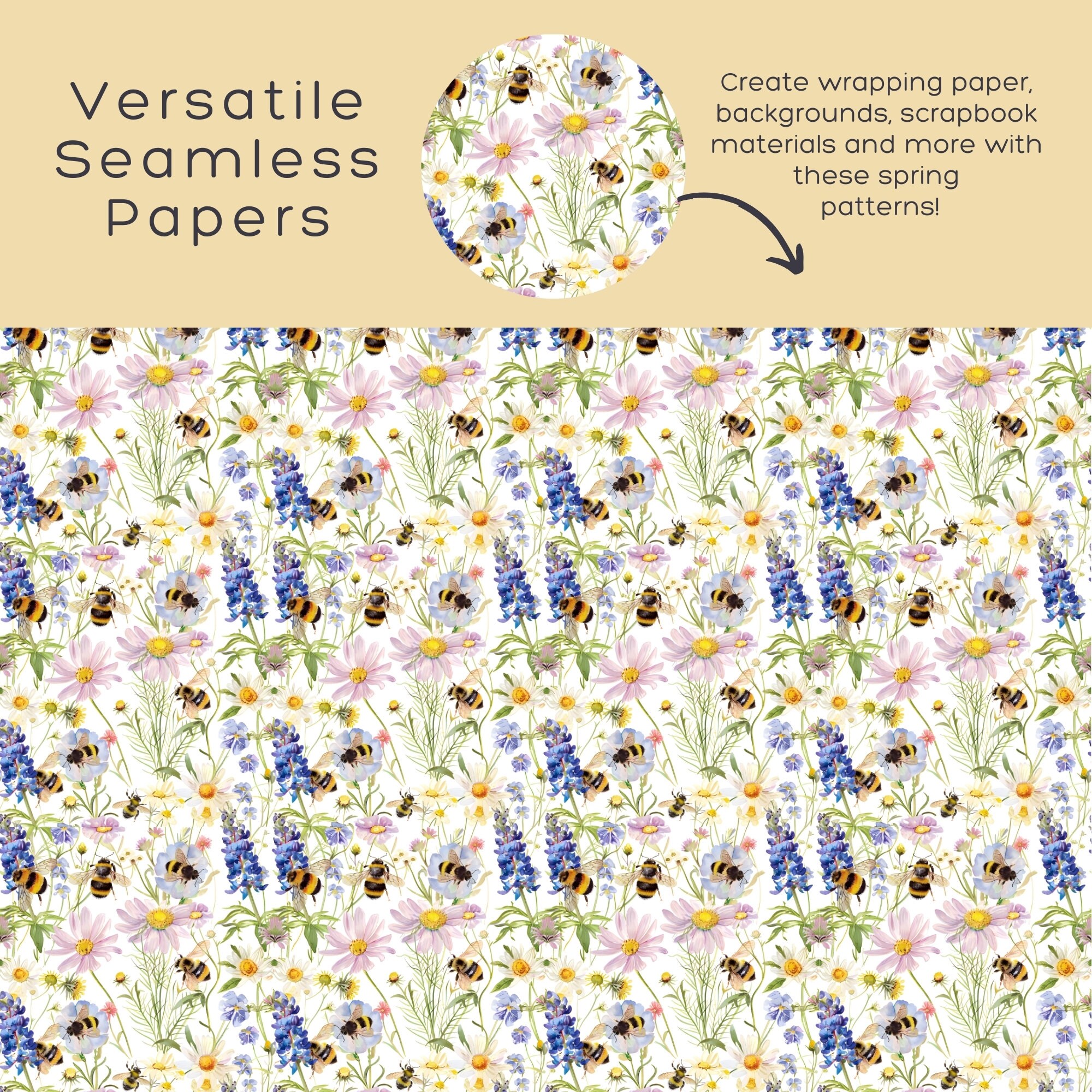Wildflower Bumblebee Seamless Digital Paper Seamless Digital Patterns ...