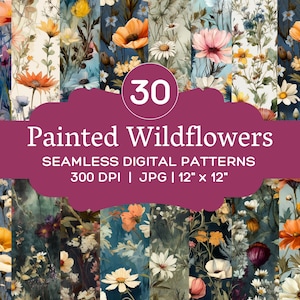 Painted Wildflower Seamless Digital Paper | Wildflower Scrapbook Paper | Floral Printable Paper | Flower Backgrounds | Set of 30