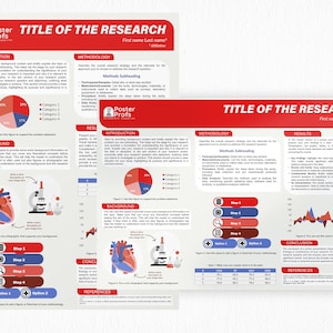 May include: A red and white poster with the title "TITLE OF THE RESEARCH" and the text "First name Last name" in a smaller font. The poster is divided into sections with headings such as "Introduction", "Methodology", "Results", and "Conclusion". There are also several diagrams and charts on the poster.