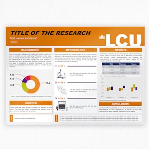 Könnte beinhalten: Ein Poster mit orangem und gelbem Hintergrund, betitelt "TITLE OF THE RESEARCH" mit dem Untertitel "First name Last name". Das Poster ist in Abschnitte unterteilt: Hintergrund, Methodik, Ergebnisse, Ziele und Schlussfolgerung. Das Poster enthält ein Kreisdiagramm, eine Tabelle und ein Balkendiagramm. Das Poster ist für ein Forschungsprojekt.