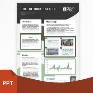 May include: A research poster with a black and white header, featuring the title "TITLE OF YOUR RESEARCH". The poster includes sections for Introduction, Aim, Results, and Methodology, with a graph and images. A red PPT icon is in the lower left.