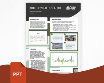 May include: A research poster with a black and white header, featuring the title "TITLE OF YOUR RESEARCH". The poster includes sections for Introduction, Aim, Results, and Methodology, with a graph and images. A red PPT icon is in the lower left.