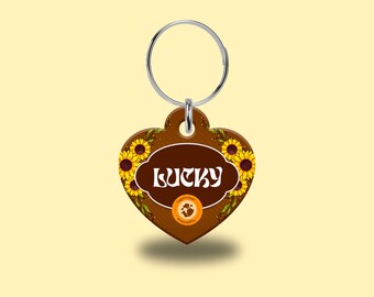 ID Tag for Dog and Cat, Sunflower Style Tag, Heart-Shaped Tag, Fully Customizable, Handmade