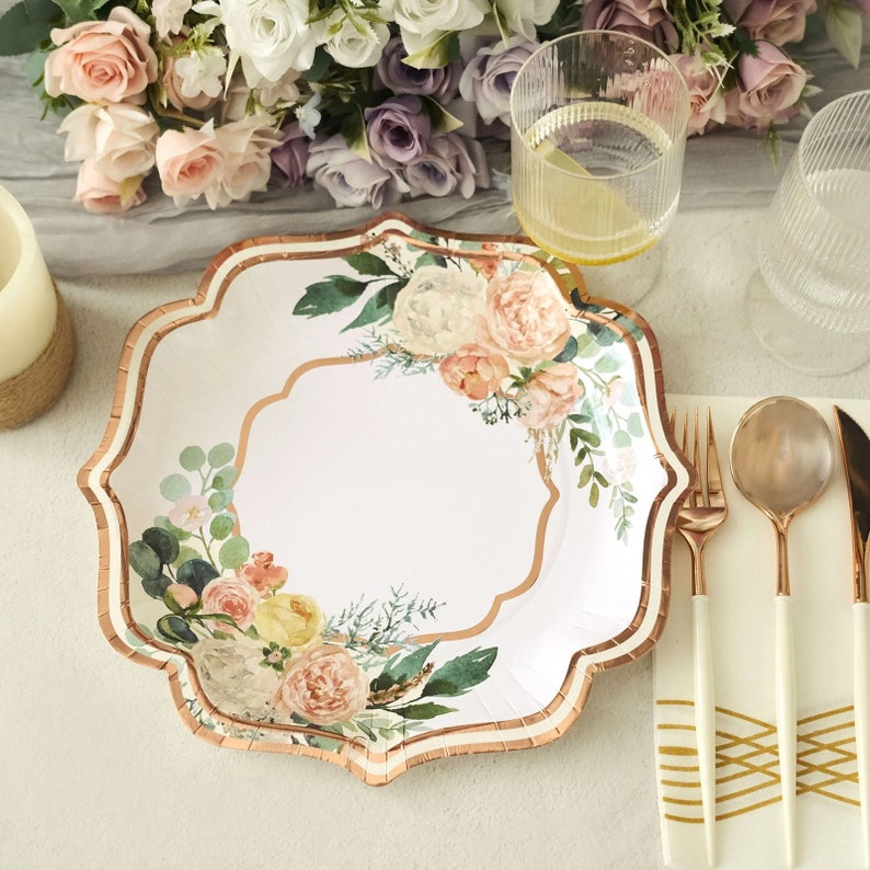 Set of 25 10'' Floral Party Plates White / Rose Gold Etsy
