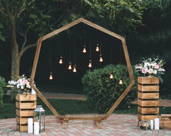 7ft Wooden Wedding Arch Heptagonal Garden Arbor, Rustic Backdrop Stand For Photo Booth, Boho Wedding Arch, Rustic Wedding Decor - Natural