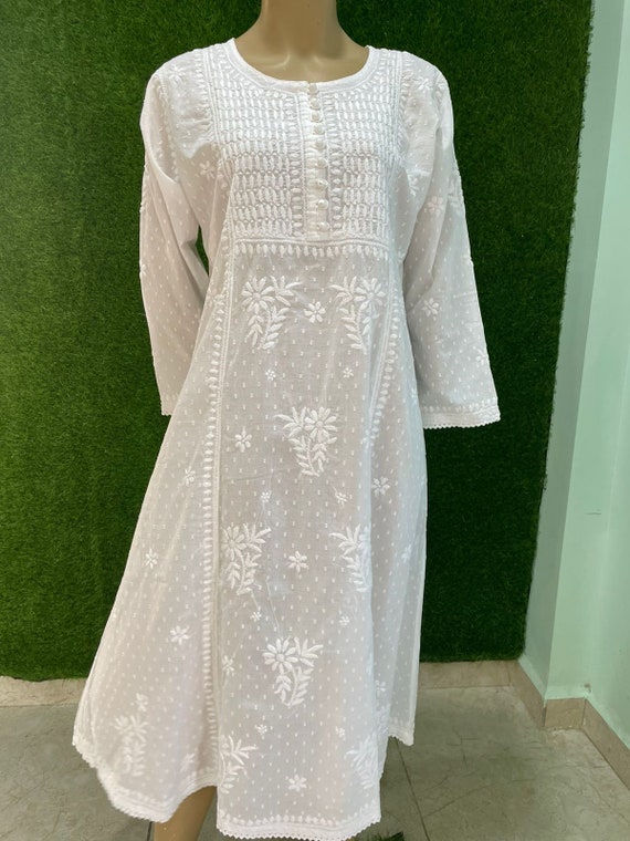 Women's Lakhnavi Handcrafted Linen Cotton Chikankari Kurti - HONC09374 –  Nazranachikan