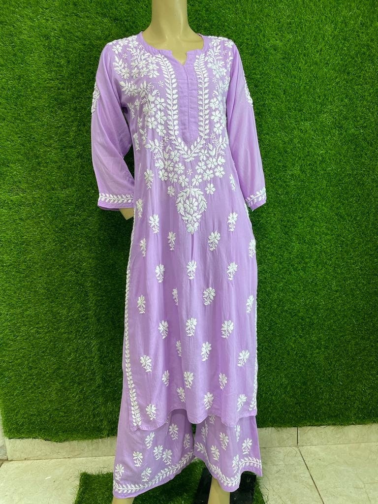 Floral Chikankari Kurti Palazzo Set - Elegant Top & Trousers