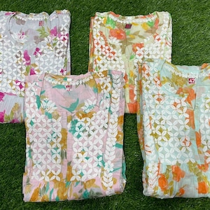 Mul Cotton A-Line Kurti with Lucknow Chikankari. Very soft and comfortable to wear. 4 colours - Pink, Sea green, lemon colour,greyish colour