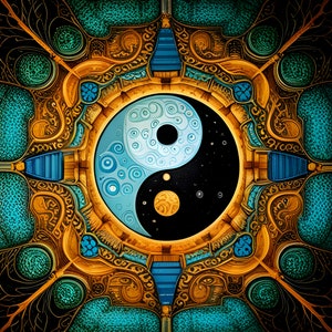 May include: A circular yin yang symbol with a blue and white half and a black half with white stars. The symbol is surrounded by a gold ornate frame with blue accents.
