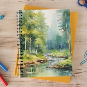 Forest River Water Color Scene Spiral Notebook, Soft Cover Journal Forest With River View, Gift, Lined Journal, Nature Scene Travel Diary