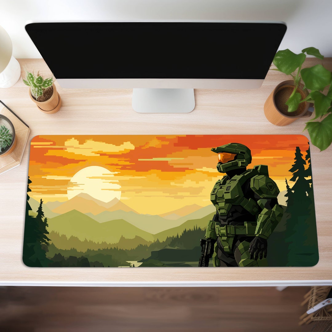 Master Chief Pixel Art Desk Mat Halo in Forest Computer Mat Mouse Pad
