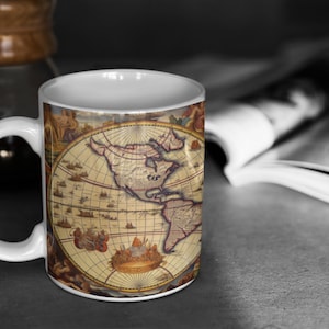 Taza de café con mapa del mundo del siglo XVII de estilo vintage / Brillante y detallada / Regalo perfecto para la inauguración de la casa y el Día del padre