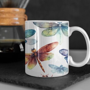 Colorful Repeating Dragonflies Coffee Mug | Watercolor Style | Vibrant Insect Design | Nature-inspired Ceramic Cup