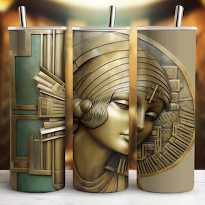 Mujer de bronce art déco contemplando bajorrelieve Diseño de envoltura de vaso delgado de 20 oz PNG Descarga digital instantánea