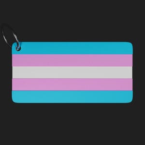 May include: A rectangular keychain featuring a horizontal striped pattern in light blue, pink, and white. The keychain has rounded corners and a circular metal ring attached through a small hole in the top left corner, set against a dark background.