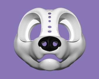May include: White furry mask with black nose and large eye holes. The mask is designed to look like an animal face.