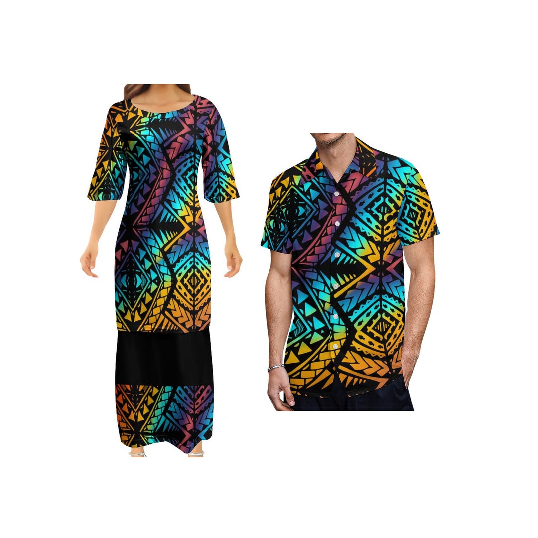 2024 Polynesian Retro Tribal Design White Print Puletasi Custom Dress Summer Midsleeved Maxi