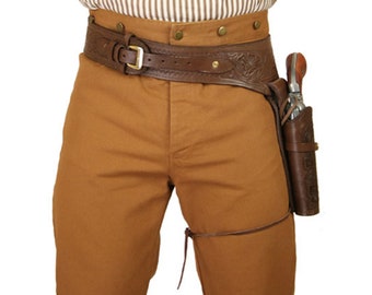 1911 Western Holster Belt .38/.22 Cal Left Hand Brown Tooled Leather Cowboy Holster SAAS Rig Sizes Belt