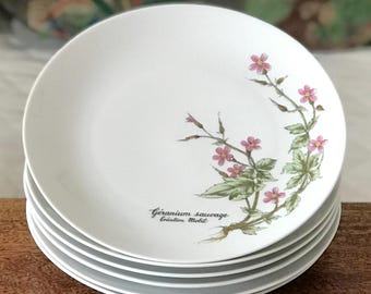 Set of 6 Winterling porcelain dessert or cheese plates with Wild Geranium design by Mobil, 19 cm diameter
