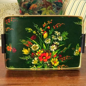 Large vintage rectangular tray with handles from the 50s, decorated with a multicolored bouquet of flowers on a dark green background