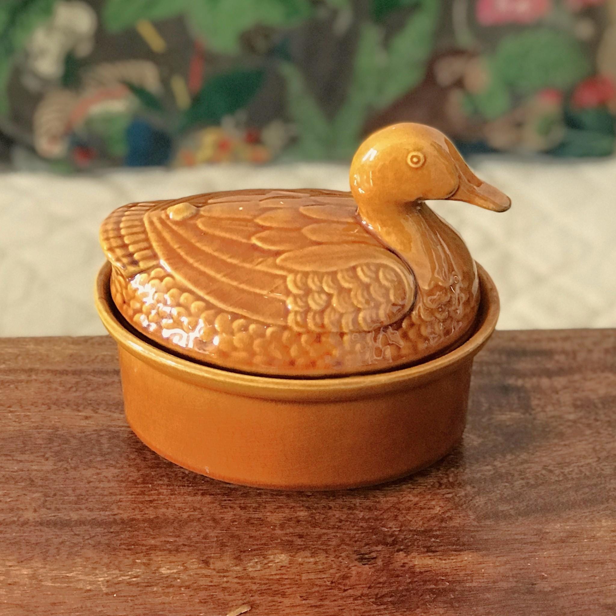 Beurrier Ou Petit Plat à Terrine Vintage - Céramique Verte Motif Canard - Marque WHATS