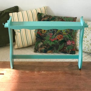 Vintage wooden shelf and pot rack painted in aqua green or celadon