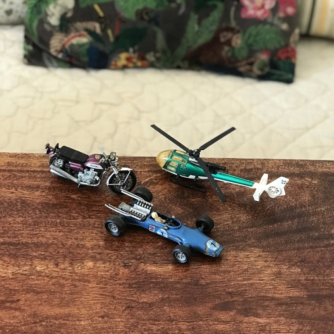 Trio of Miniature Vehicles: Racing Car, Motorcycle and Helicopter - Etsy