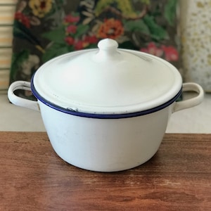 Witte geëmailleerde metalen pot of ovenschaal met deksel