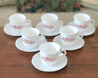 Set of 6 vintage-style coffee cups and matching saucers in white opaline glass with floral decoration, Arcopal France