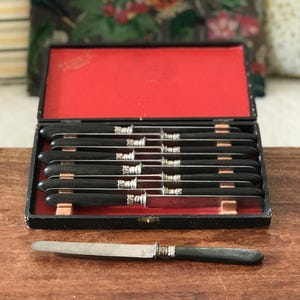 Set of 12 antique silver-plated table knives with ebony handles