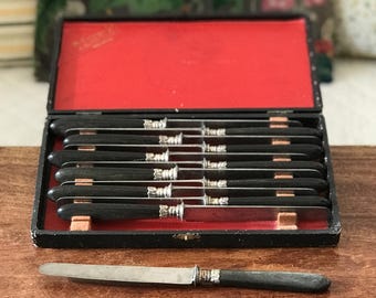 Set of 12 antique silver-plated table knives with ebony handles