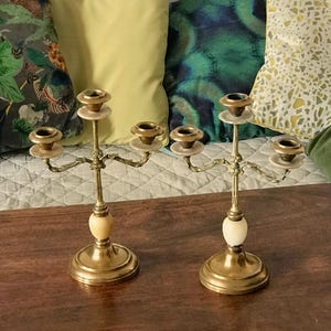 Pair of 3-armed candlesticks in gilt bronze, brass and onyx Napoleon III image 2