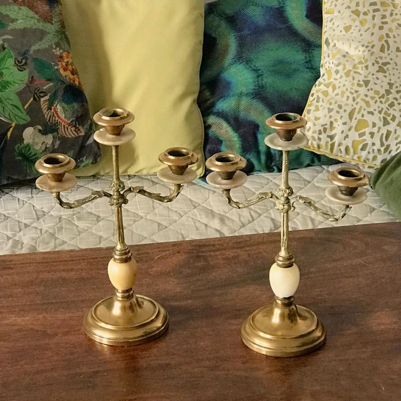 Pair of 3-armed candlesticks in gilt bronze, brass and onyx Napoleon III image 2