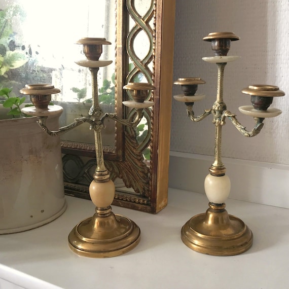 Paire de chandeliers à 3 branches en bronze doré, laiton et onyx Napoléon 3