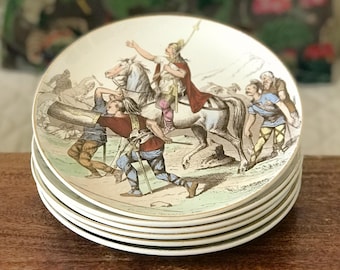Set of 6 antique polychrome earthenware plates from Creil & Montereau, late 19th century, depicting Our Military Glories, 20 cm diameter