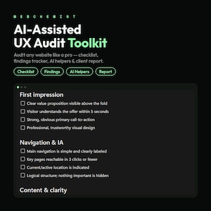 Könnte beinhalten: Eine digitale Benutzeroberfläche für ein KI-gestütztes UX-Audit-Toolkit auf schwarzem Hintergrund. Der Text lautet Webchemist, AI-Assisted UX Audit Toolkit, und enthält Abschnitte für Checklist, Findings, AI Helpers und Report mit Kriterien.