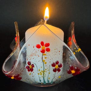 Handmade red flower folded fused glass candle holder