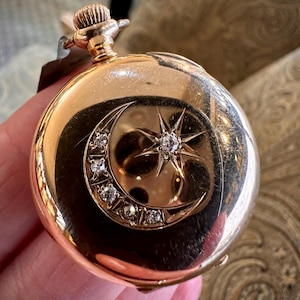 14K Ladies Elgin Hunter Case Diamond Pocket Watch Pendant Old Mine Cut Diamonds